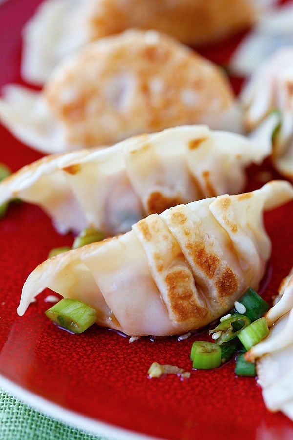 Close up easy Spicy Kimchi Dumplings.