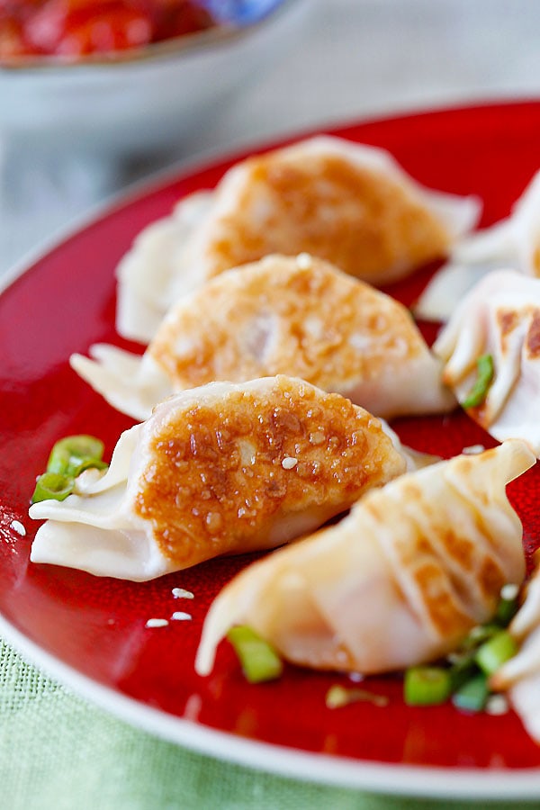 Healthy delicious kimchi dumplings in a plate.