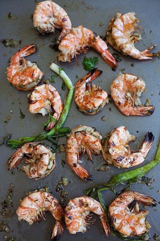 Top down view of Kimchi-Miso butter grilled shrimp.