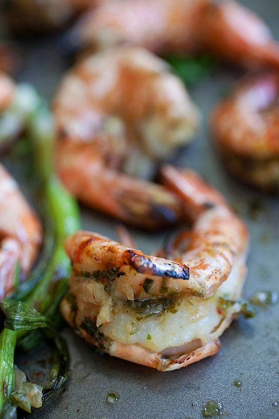 Easy and quick kimchi-Miso butter grilled shrimp ready to serve.
