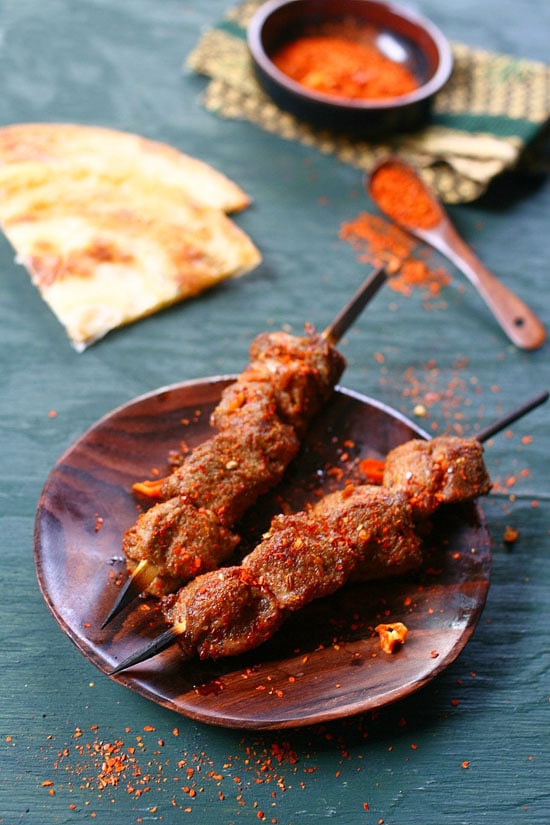 Easy grilled Asian lamb skewers (Yang Rou Chuan) with Cumin and Chili ready to serve.