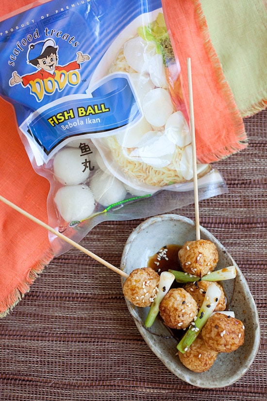 Easy and quick fried fish balls skewers with glazed teriyaki sauce.