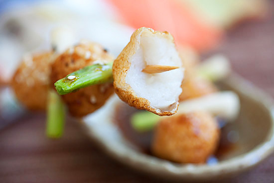 A skewer of fish balls and scallions with delicious teriyaki sauce.