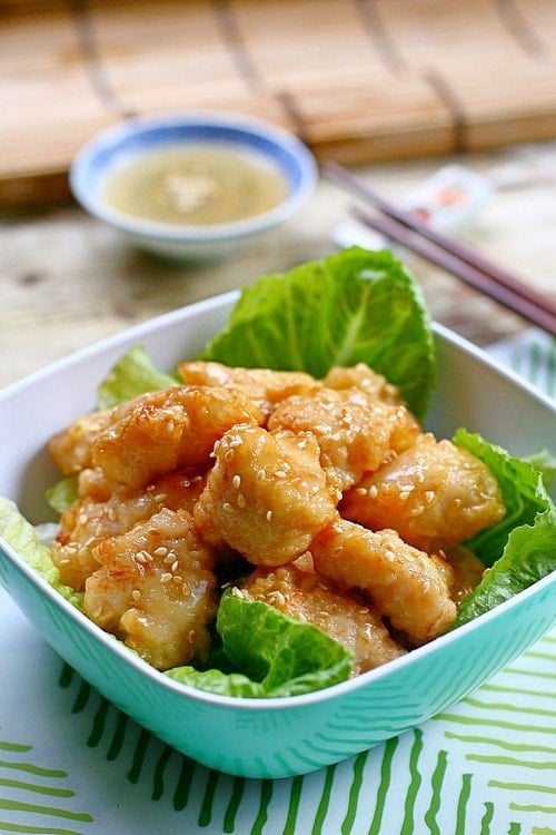 Honey chicken, with crispy chicken pieces coated with sweet and sticky honey sauce, ready to be served.