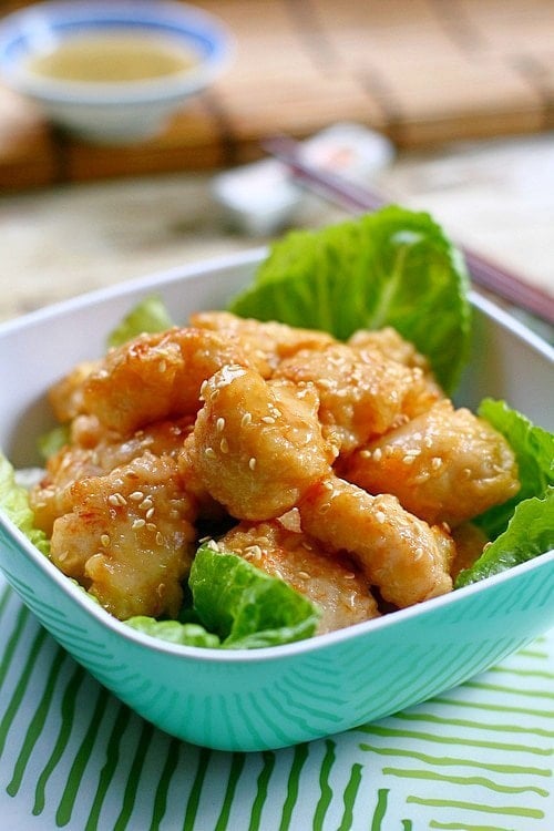 Close up of delicious and easy honey chicken, with chicken glazed with honey.
