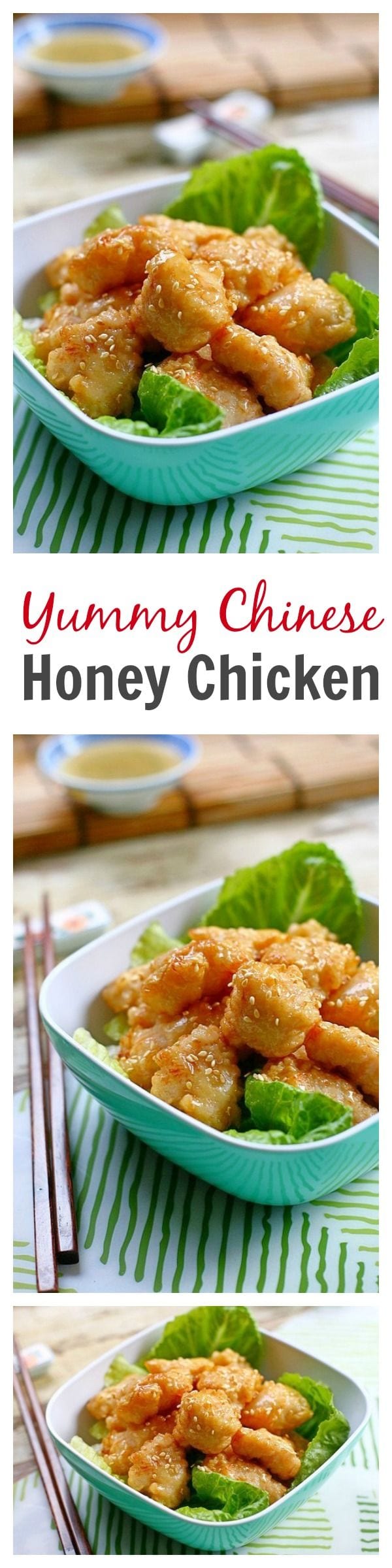 Super yummy Chinese honey chicken. Crispy chicken pieces coated with sweet and sticky honey sauce. To-die-for recipe that you can make at home | rasamalaysia.com