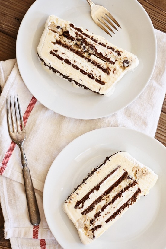 Easy and delicious homemade cookie dough ice cream cake recipe using chocolate chip cookie dough and ice cream with cool whip topping.