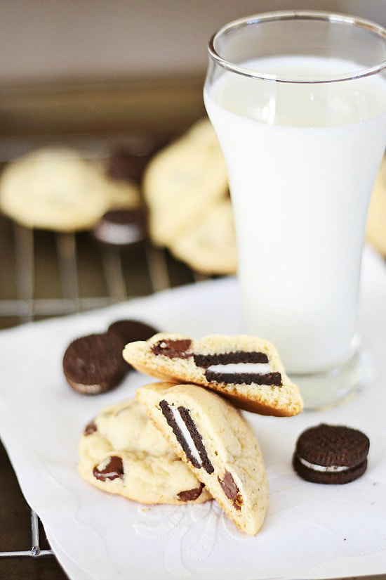 Easy homemade chocolate chip Oreo cookies served with a glass of milk.