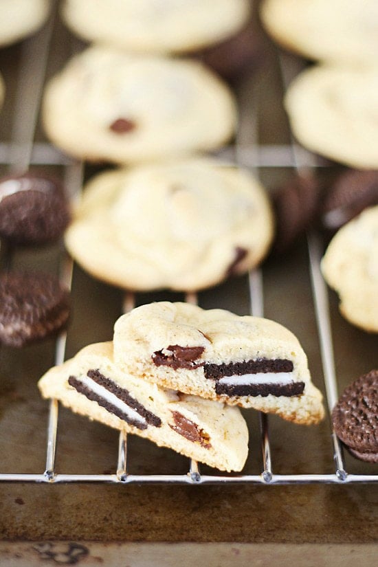 Easy crunchy Oreo-stuffed chocolate chip cookies on a cooling rack.