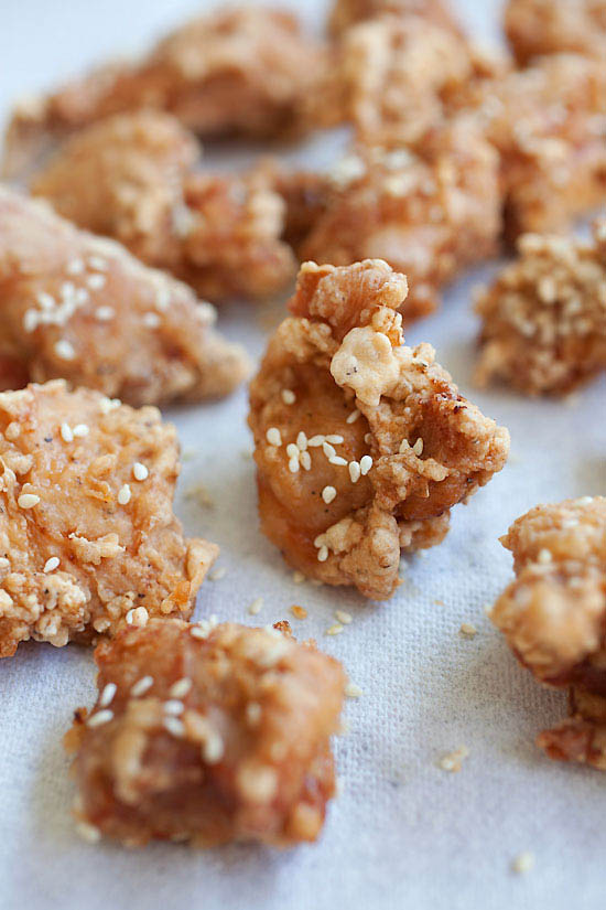 Close up of easy Japanese Chicken Karaage served with sesame seeds on top.