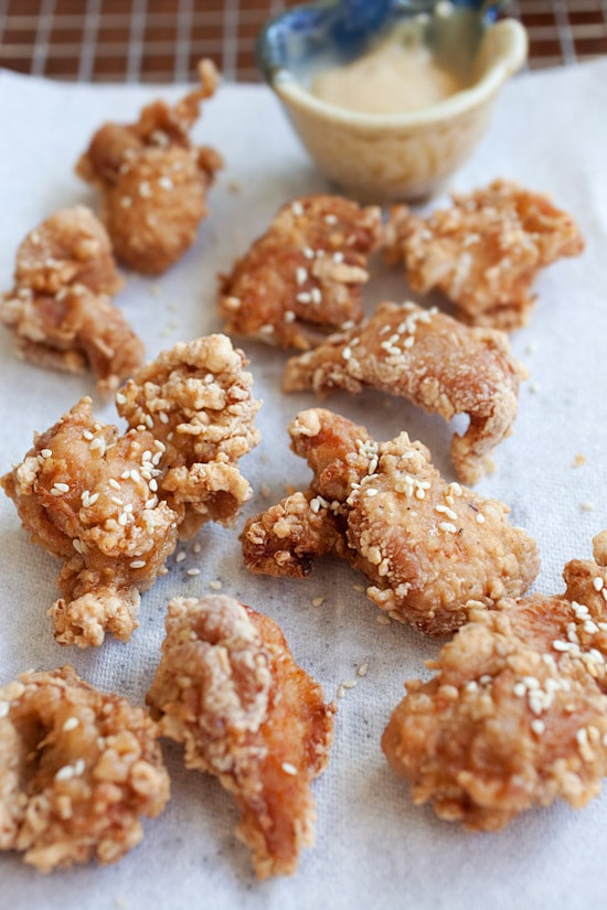 Crispy and Crunchy karaage, or Japanese fried chicken, recipe with mayo miso dipping sauce.