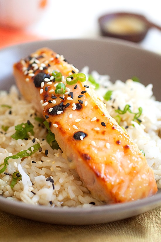 Oven baked Miso salmon on top of rice.