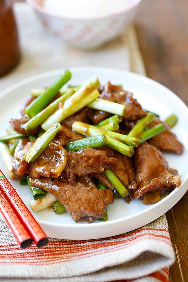 Easy Mongolian beef with tender beef and scallions.