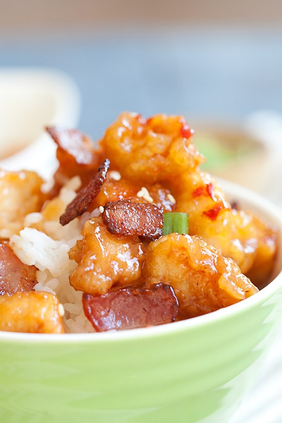 Easy and delicious Panda Express inspired Orange Chicken with Bacon ready to serve.