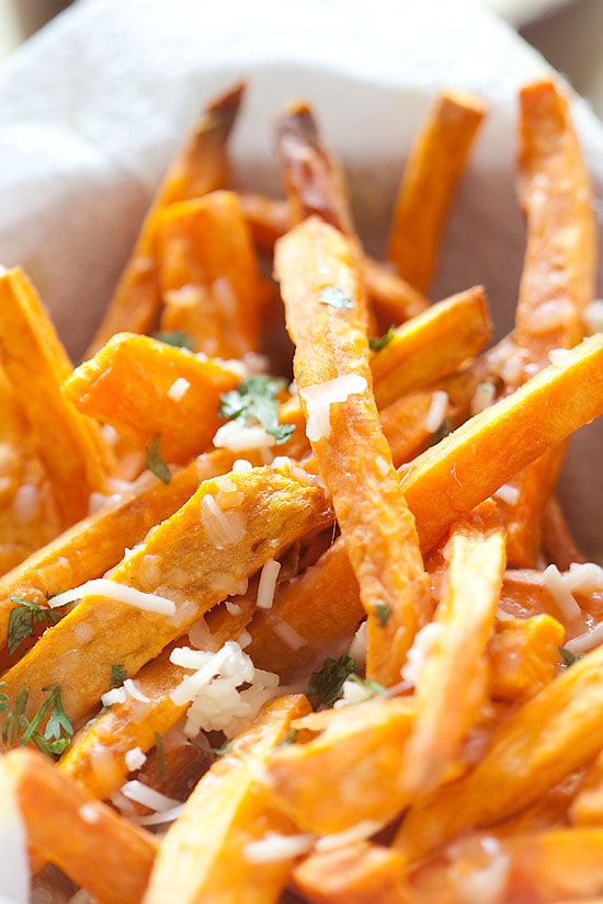 Delicious easy Parmesan Sweet Potato Fries close up.