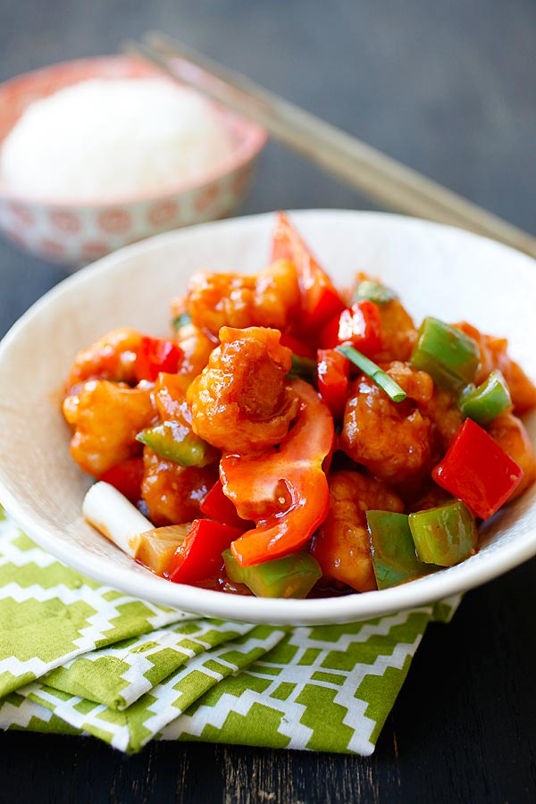 Chinese sweet and sour chicken in a bowl.