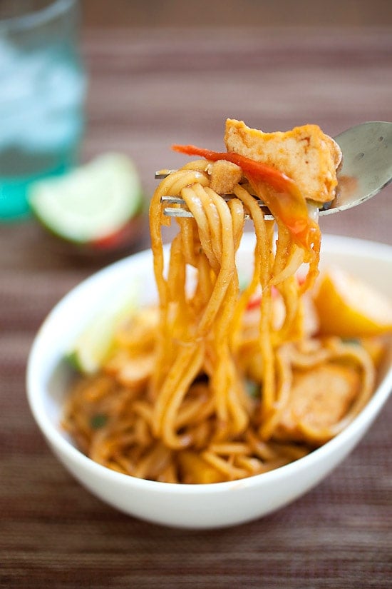 Malaysian vegetables Mee Goreng with a fork.