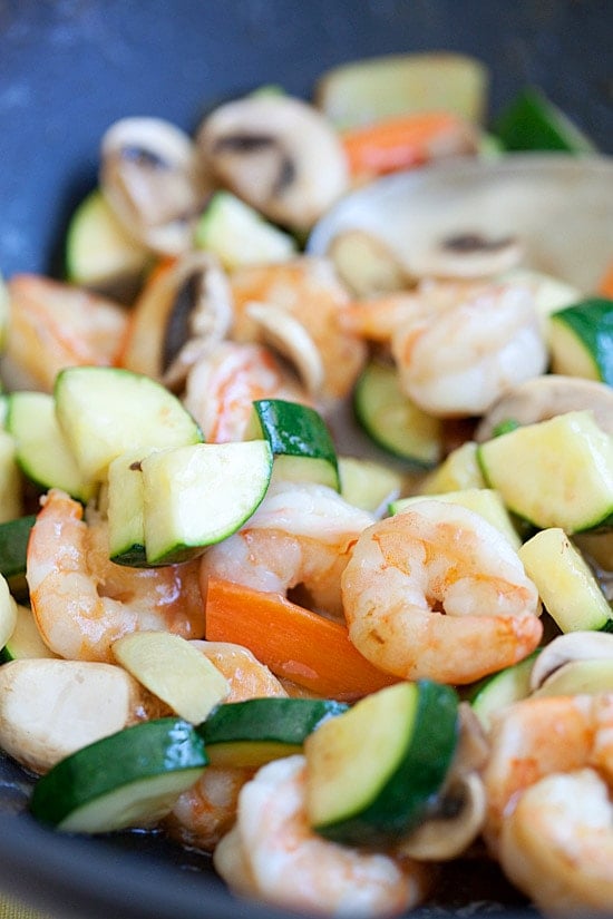 Healthy homemade Zucchini and Shrimp Stir-Fry in skillet.