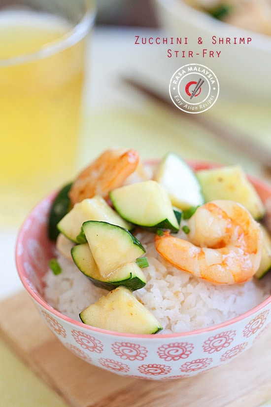 Easy and quick zucchini and Shrimp Stir-Fry in a bowl.