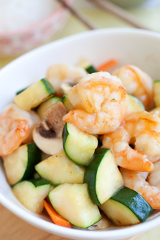 Asian Zucchini and Shrimp Stir-Fry ready to serve.