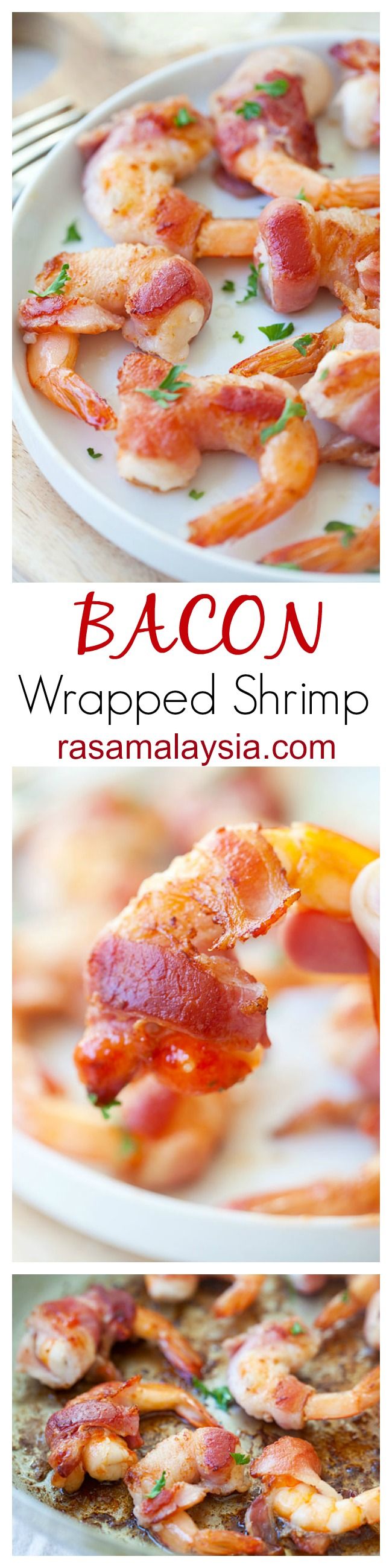 Bacon-Wrapped Shrimp is an easy recipe of wrapping shrimp with bacon and then pan-fried or grilled. This bacon-wrapped shrimp recipe is a crowd pleaser | rasamalaysia.com