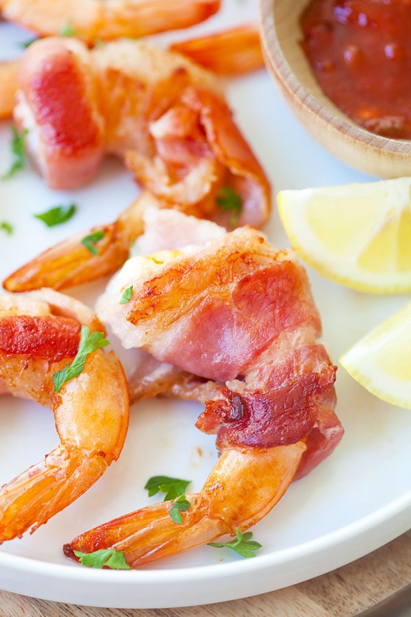 Easy pan fried bacon wrapped shrimps.