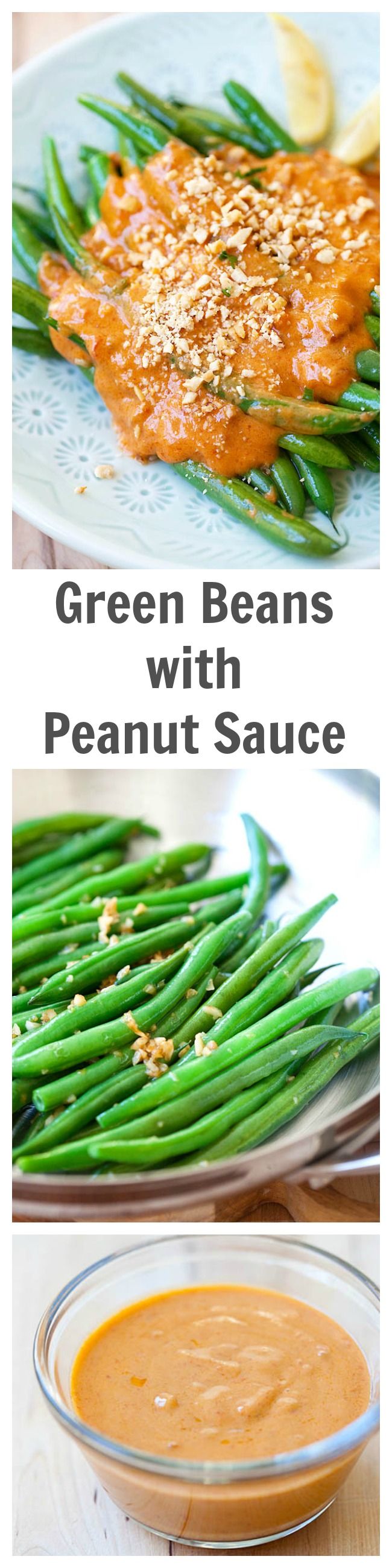 Green beans with peanut sauce. Saute green beans with garlic and top them with spicy and savory Thai peanut sauce. Easy, healthy and delicious recipe | rasamalaysia.com