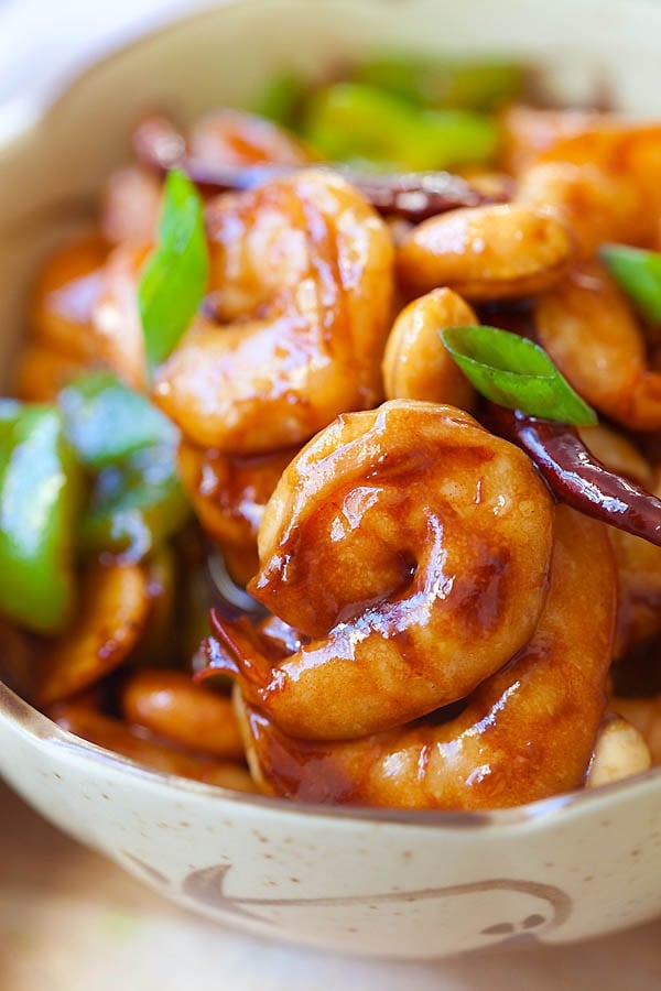 Close up of Asian Kung Pao Shrimp on a bowl.