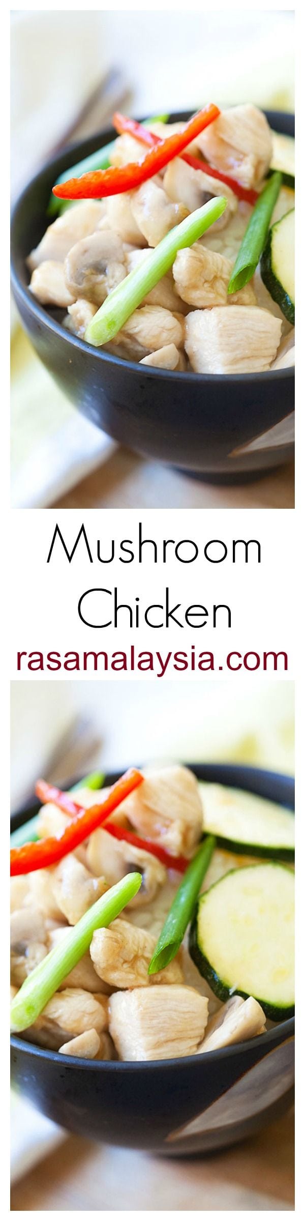 Mushroom chicken is a simple Chinese recipe with mushroom, chicken and zucchini stir-fried in a simple brown sauce. Easy and tasty mushroom chicken recipe | rasamalaysia.com
