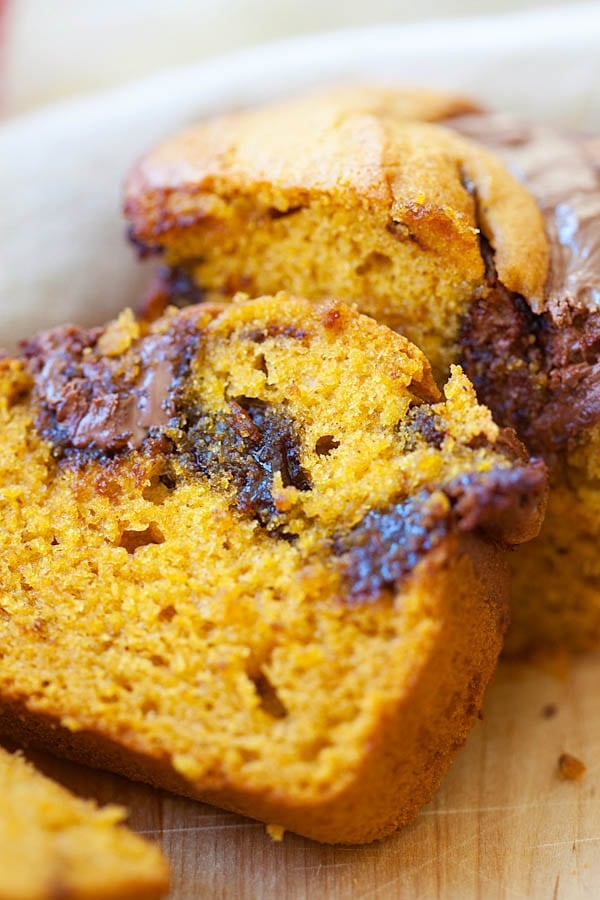Close up view of easy Nutella swirled inside soft and buttery pumpkin bread.