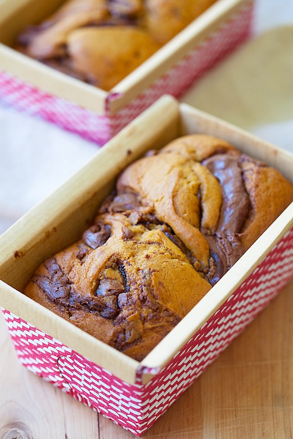 Easy and delicious Nutella swirled pumpkin bread loafs.