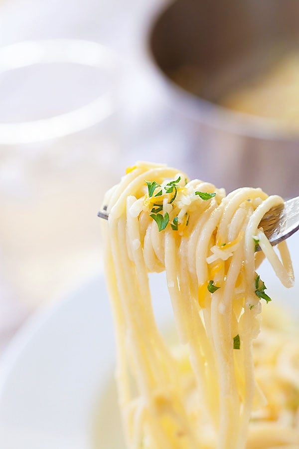 Easiest homemade Parmesan Garlic Noodles picked with a fork.