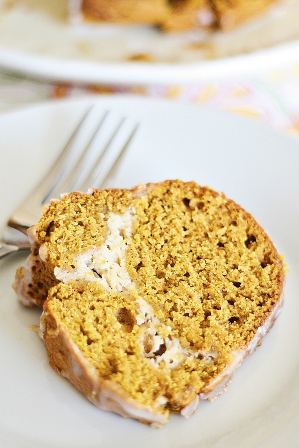 Healthy homemade bundt cake made with pumpkin and cream cheese.