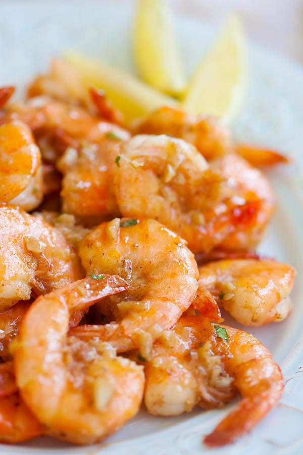 Easy and quick orange Hawaiian garlic butter sauteed shrimp.