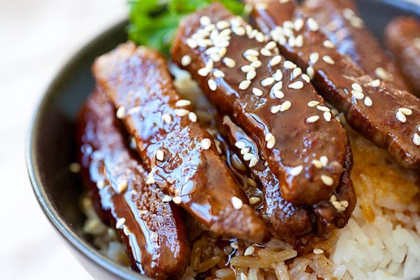 Japanese Beef Teriyaki on top of rice ready to serve.