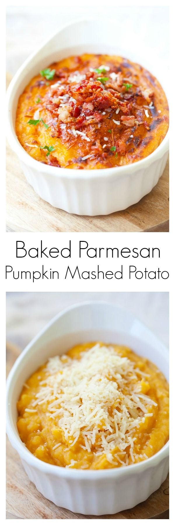 Parmesan Bacon Pumpkin Mashed Potatoes - baked mashed potatoes loaded with parmesan cheese, bacon and pumpkin. Rich, sweet, cheesy and so easy to make | rasamalaysia.com