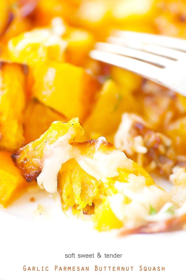 Homemade healthy Garlic Parmesan Roasted Butternut squash close up.