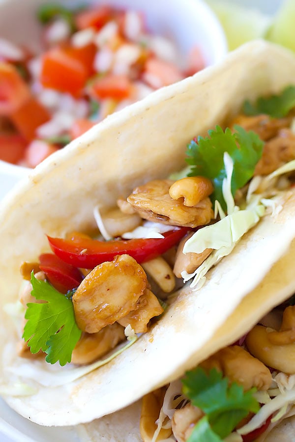 Healthy easy Asian Kung Pao Chicken Tacos ready to serve.