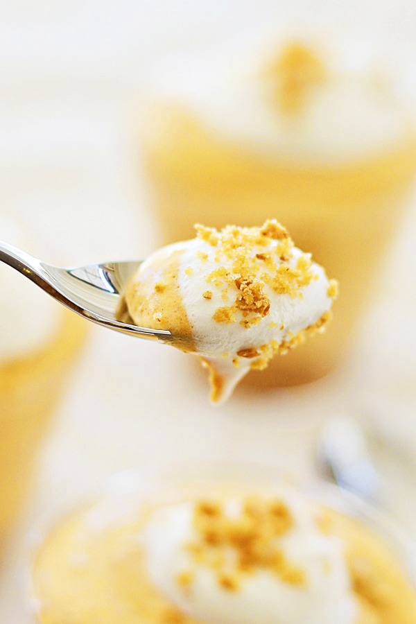 Easy no-bake pumpkin cheesecake scooped with a spoon.