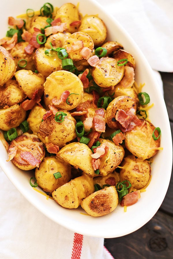Mini golden potatoes roasted with garlic, cheddar cheese and bacon.
