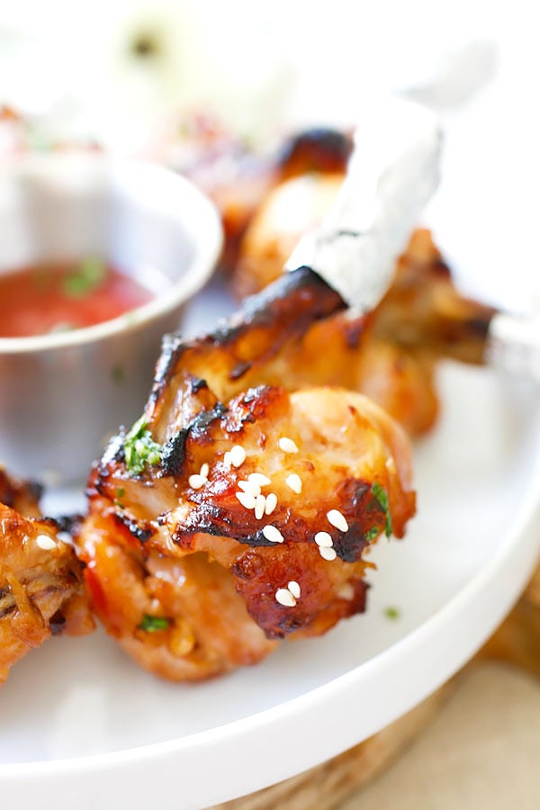 Asian juicy Baked Chicken Lollipop close up ready to serve.