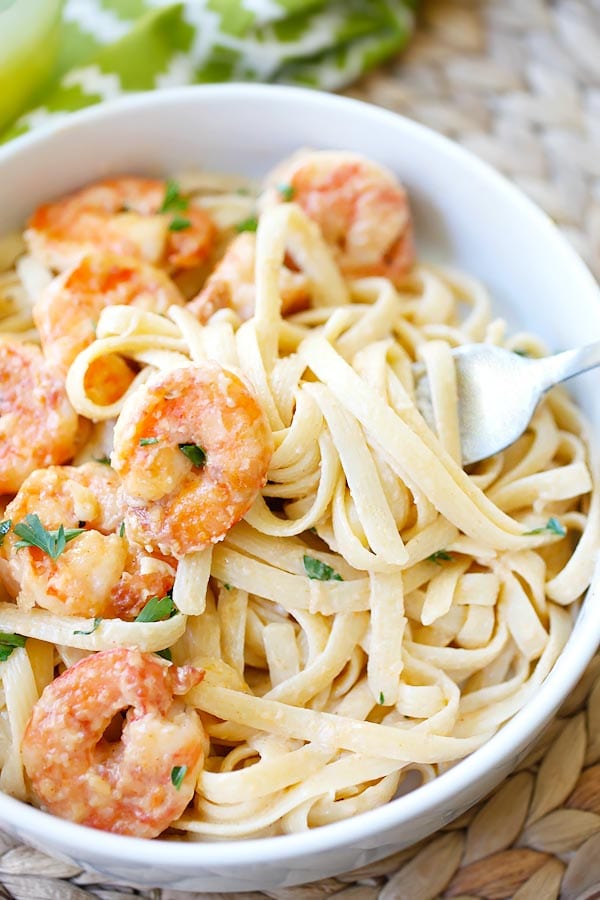 Crispy shrimp pasta with homemade rich sauce.
