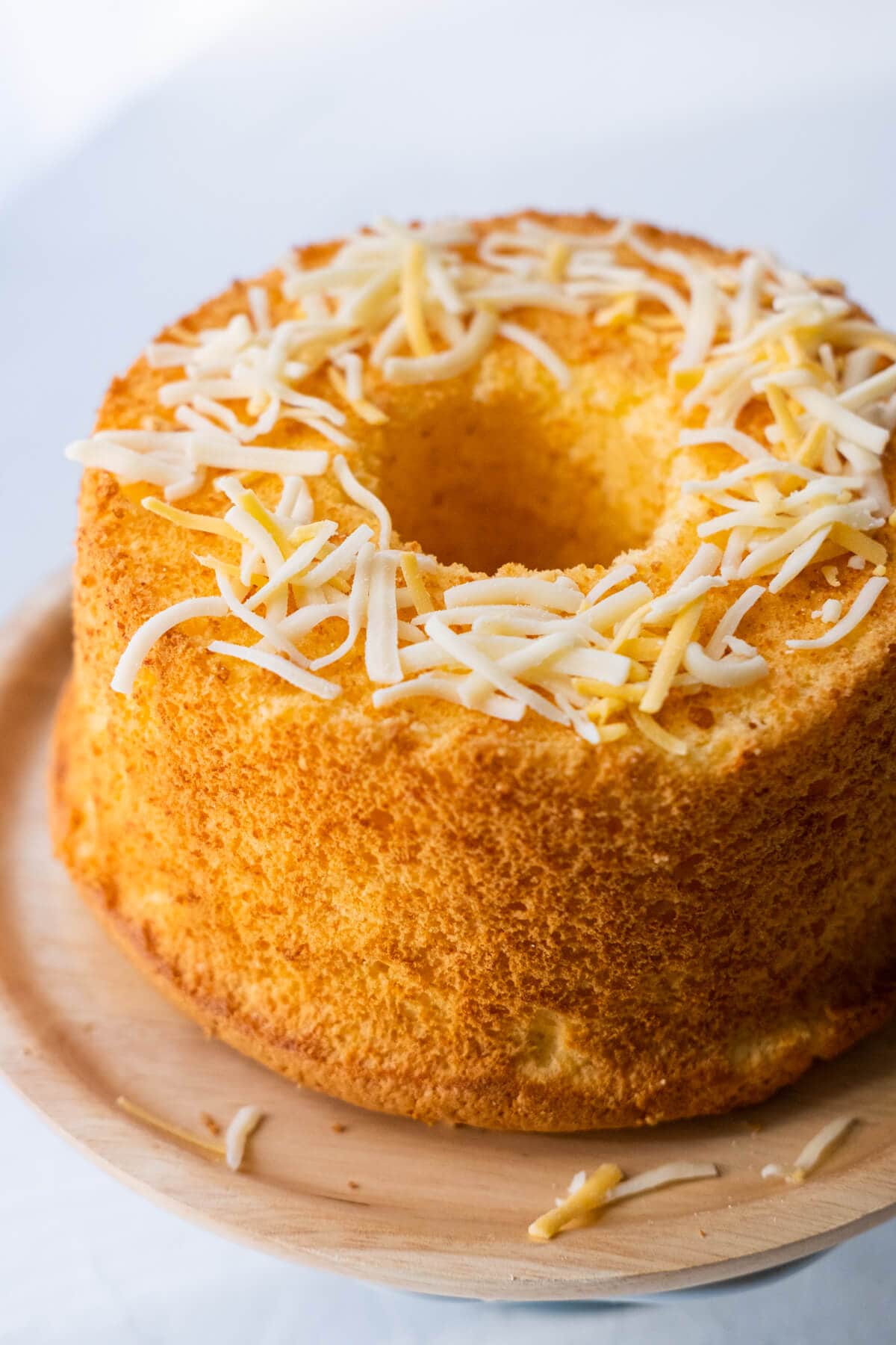 Parmesan chiffon cake topped with shredded Parmesan cheese. 