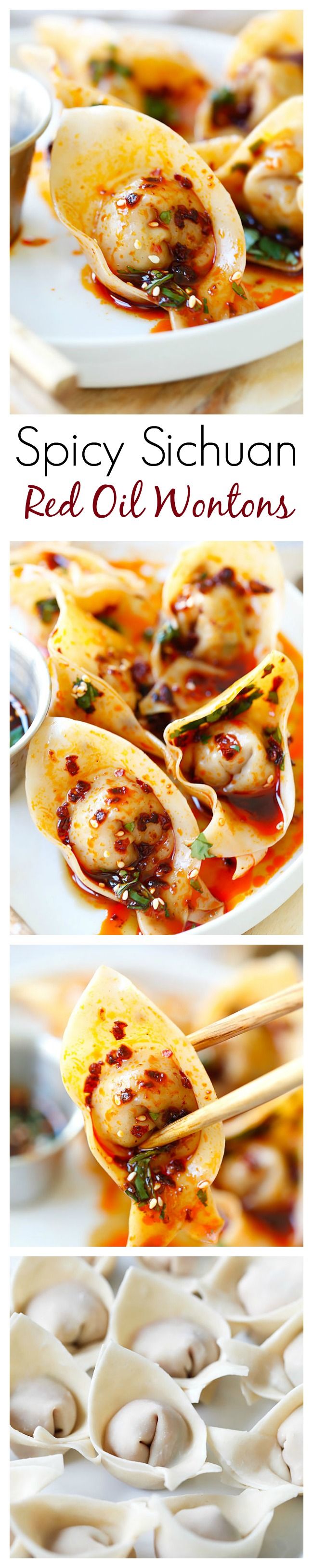 Sichuan Red Oil Wontons - deliciosos wontons condimentados com água na boca em óleo vermelho de Sichuan e molho de vinagre negro. Receita fácil para wontons picantes caseiros | rasamalaysia.com