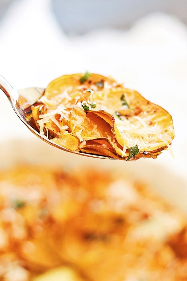 Homemade Crispy Sweet potato on a spoon.