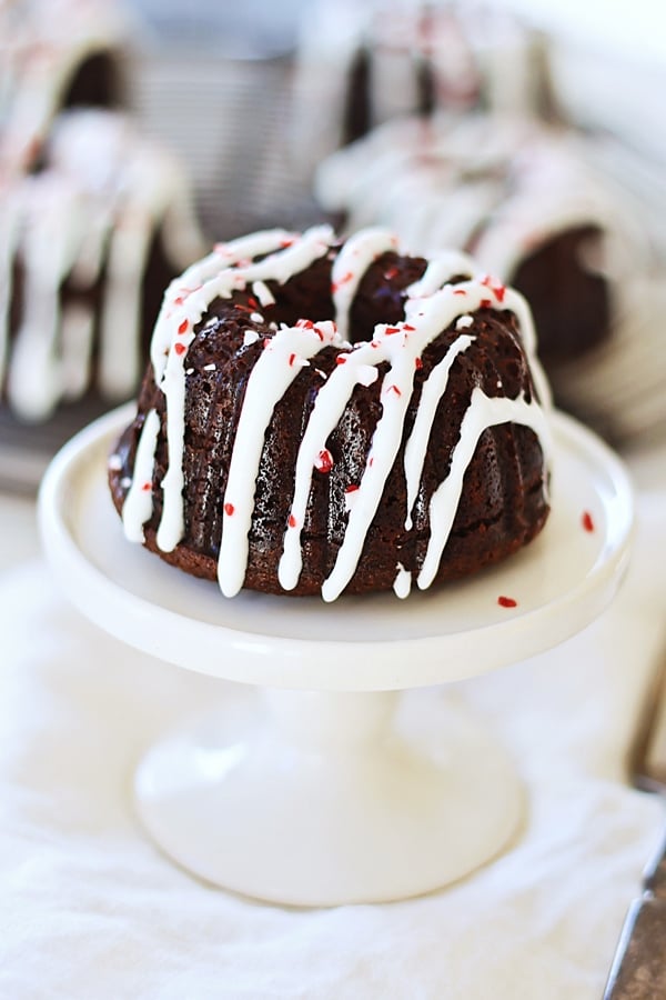 Easy homemade rich chocolate bundt cake topped with sweet peppermint frosting.