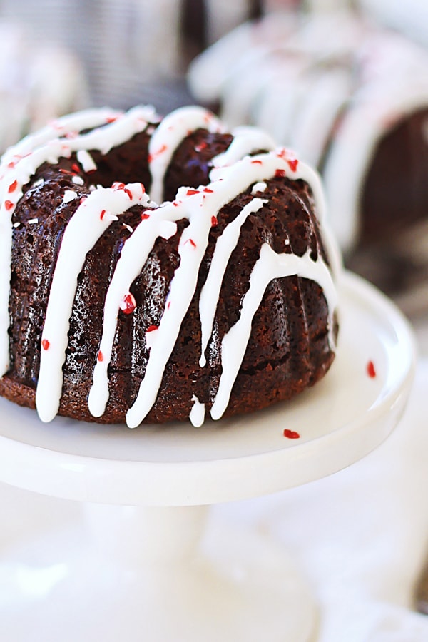 'Easy and quick mini chocolate bundt cake topped with sweet peppermint frosting.