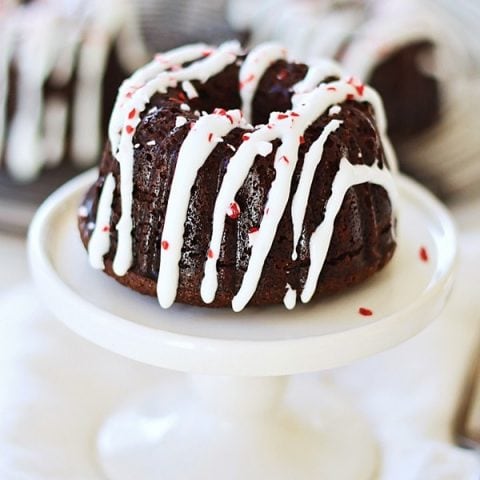 mini chocolate bundt cake with peppermint frosting