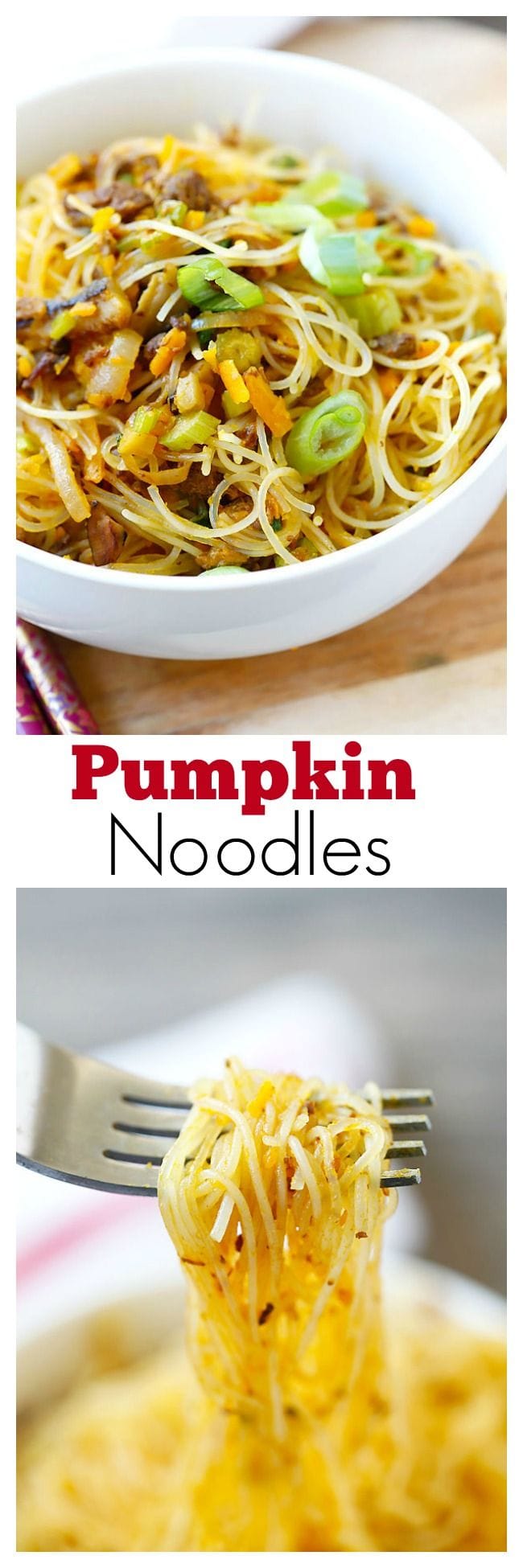 Pumpkin Rice Noodles – delicious rice noodles stir-fried with ground pork and pumpkin. This amazing Taiwanese noodles is very easy to make at home | rasamalaysia.com