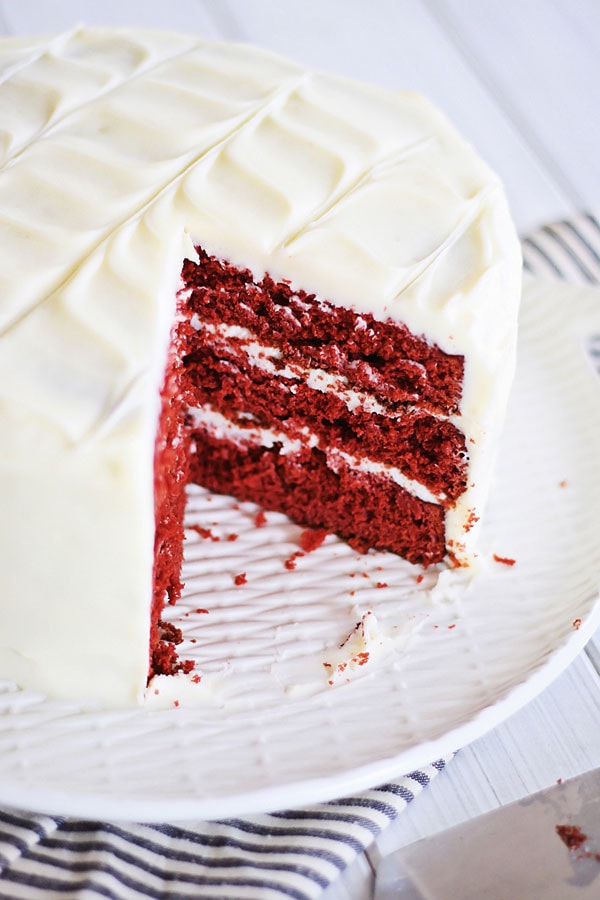 Sliced Red Velvet Cake ready to serve.